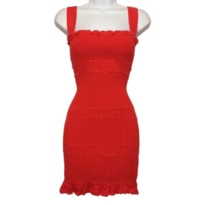 CAPULET Dress Medium 100% Linen Bodycon Red Sleeveless Smocked Stretchy Summer